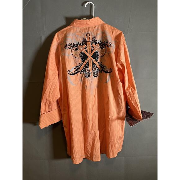 Lamasini Shirt Mens XL Orange Embroidered Sword Axe Studded Western Button Up - Picture 5 of 6